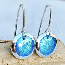 Load image into Gallery viewer, Aqua Blue fine silver starburst enamel earrings, 1/2" round with silver rims