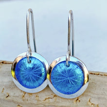 Load image into Gallery viewer, Aqua Blue fine silver starburst enamel earrings, 1/2" round with silver rims