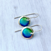 Load image into Gallery viewer, Mixed blues and greens fine silver starburst enamel earrings, 1/2" round with silver rims