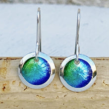 Load image into Gallery viewer, Mixed blues and greens fine silver starburst enamel earrings, 1/2" round with silver rims