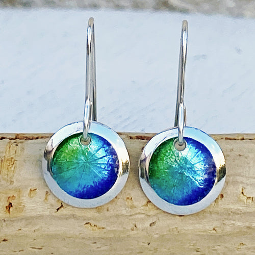 Mixed blues and greens fine silver starburst enamel earrings, 1/2