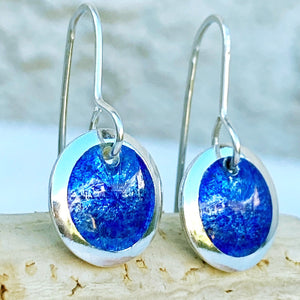 Royal Blue fine silver starburst enamel earrings, 1/2" round with silver rims