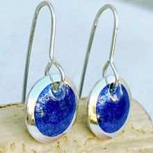 Load image into Gallery viewer, Royal Blue fine silver starburst enamel earrings, 1/2" round with silver rims