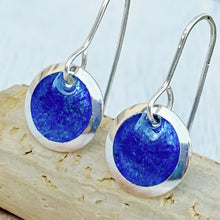 Load image into Gallery viewer, Royal Blue fine silver starburst enamel earrings, 1/2" round with silver rims