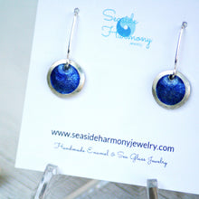 Load image into Gallery viewer, Royal Blue fine silver starburst enamel earrings, 1/2" round with silver rims