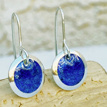 Load image into Gallery viewer, Royal Blue fine silver starburst enamel earrings, 1/2" round with silver rims