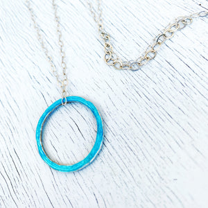 Aqua fine silver enamel open circle karma eternity necklace with sterling silver chain