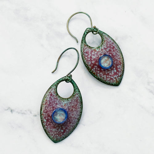 red and blue crackle pointed oval murinni glass earrings