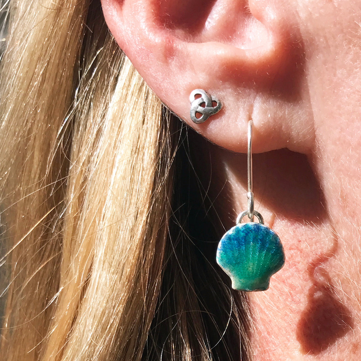 Moonrise Enamel Blue Green Fine Silver Shell Earrings Seaside Harmony Jewelry