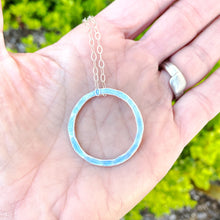 Load image into Gallery viewer, Sky Blue fine silver enamel open circle karma eternity necklace with sterling silver chain