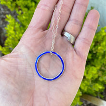 Load image into Gallery viewer, royal blue fine silver open circle karma eternity necklace with sterling silver chain seaside harmony jewelry