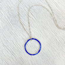 Load image into Gallery viewer, royal blue fine silver open circle karma eternity necklace with sterling silver chain seaside harmony jewelry