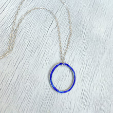 Load image into Gallery viewer, royal blue fine silver open circle karma eternity necklace with sterling silver chain seaside harmony jewelry