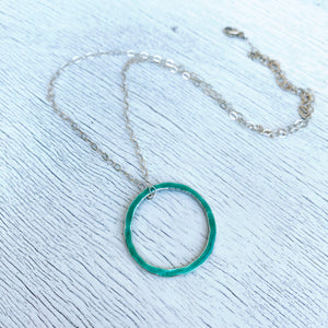 Seagreen fine silver enamel open circle karma eternity necklace with sterling silver chain