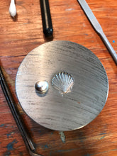 Load image into Gallery viewer, Enamel Sunrise Seashell Silver Ring with swirl stamped band - Seaside Harmony Jewelry