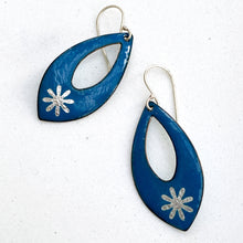 Load image into Gallery viewer, holiday blue enamel teardrop earrings with silver snowflakes