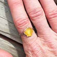 Load image into Gallery viewer, Enamel Sunrise Seashell Silver Ring with swirl stamped band - Seaside Harmony Jewelry