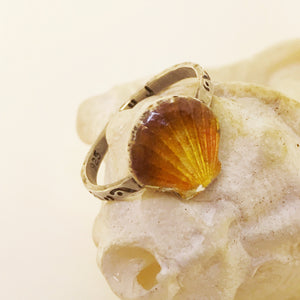 Enamel Sunrise Seashell Silver Ring with swirl stamped band - Seaside Harmony Jewelry