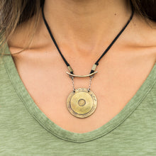 Load image into Gallery viewer, brass gong necklace up close on model