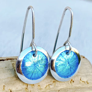 Aqua Blue fine silver starburst enamel earrings, 1/2" round with silver rims