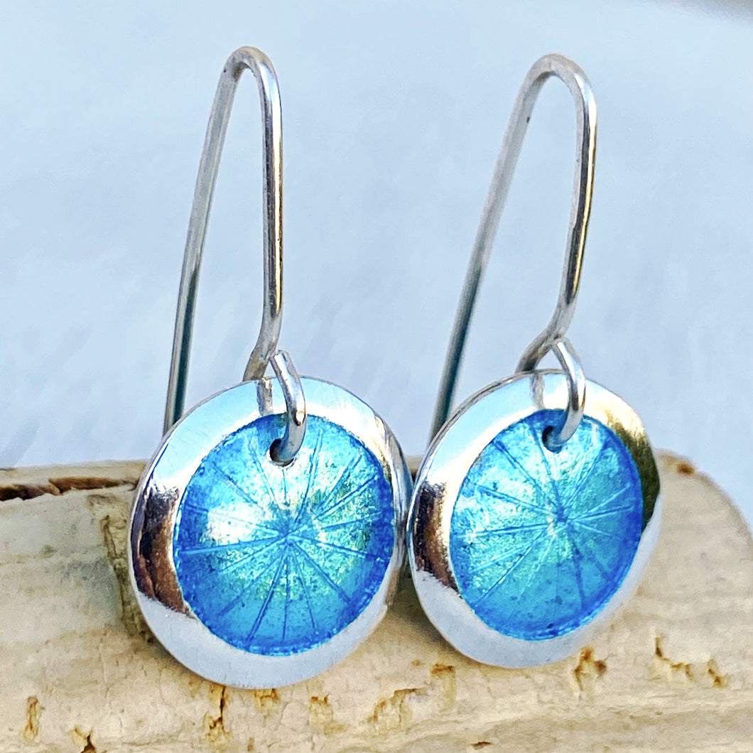 Aqua Blue fine silver starburst enamel earrings, 1/2