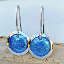 Load image into Gallery viewer, Aqua Blue fine silver starburst enamel earrings, 1/2&quot; round with silver rims