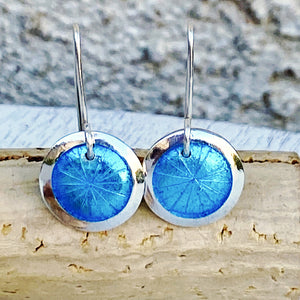 Aqua Blue fine silver starburst enamel earrings, 1/2" round with silver rims