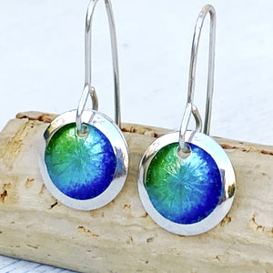 Mixed blues and greens fine silver starburst enamel earrings, 1/2" round with silver rims