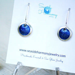 Royal Blue fine silver starburst enamel earrings, 1/2" round with silver rims