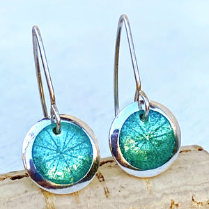 seagreen transparent enamel  fine silver disc earrings