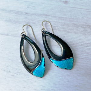 Black enamel open teardrop earrings with silver aqua accent