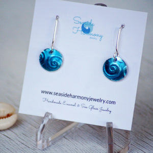 aqua blue spiral texture fine silver enamel round earrings