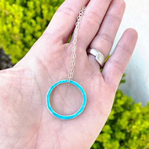 Aqua fine silver enamel open circle karma eternity necklace with sterling silver chain
