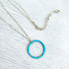 Load image into Gallery viewer, Aqua fine silver enamel open circle karma eternity necklace with sterling silver chain
