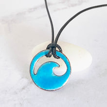 Load image into Gallery viewer, aqua enamel mini wave necklace black cord 