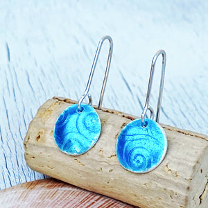 aqua blue fine silver spiral texture round earrings seaside harmony jewelry
