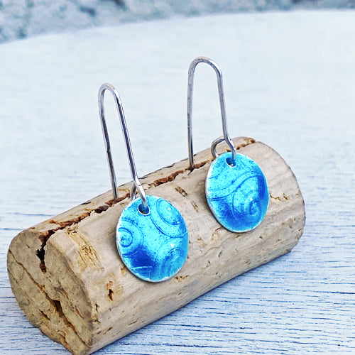 aqua blue fine silver spiral texture round earrings seaside harmony jewelry
