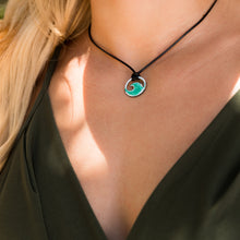 Load image into Gallery viewer, seagreen enamel mini wave necklace on model