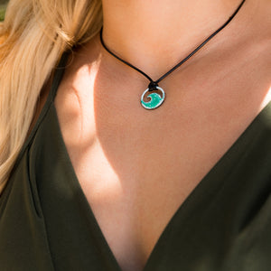seagreen enamel mini wave necklace on model