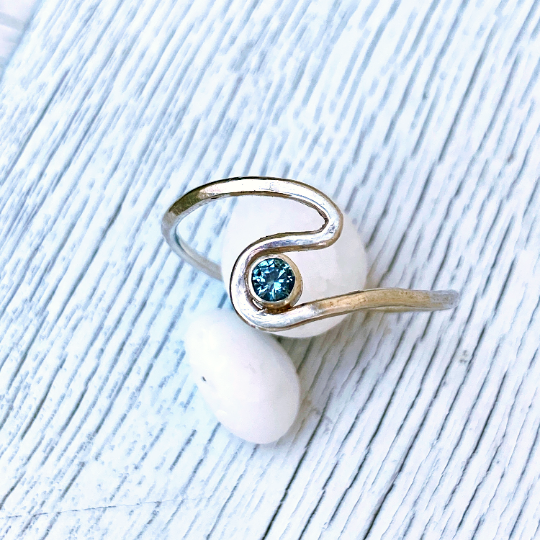 Sterling silver hammered wave ring with custom gemstone