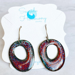 Crackle Wonky Circle Earrings - dark red and blue