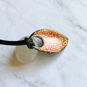 gold and pink crackle enamel pointed oval pendant