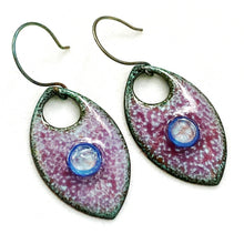 Load image into Gallery viewer, red and blue crackle pointed oval murinni glass earrings