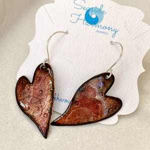 Bigger stamped heart red enamel earrings with sterling ear wires