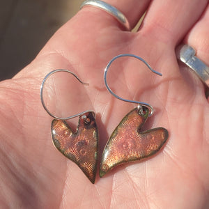 handmade stamped enamel heart earrings