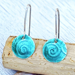 Seagreen fine Silver enamel spiral texture earrings, 1/2 inch diameter