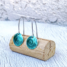 Load image into Gallery viewer, Seagreen fine Silver enamel spiral texture earrings, 1/2 inch diameter