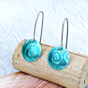 Seagreen fine Silver enamel spiral texture earrings, 1/2 inch diameter