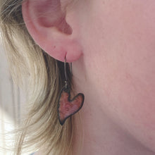 Load image into Gallery viewer, Little stamped heart red enamel earrings with sterling ear wires