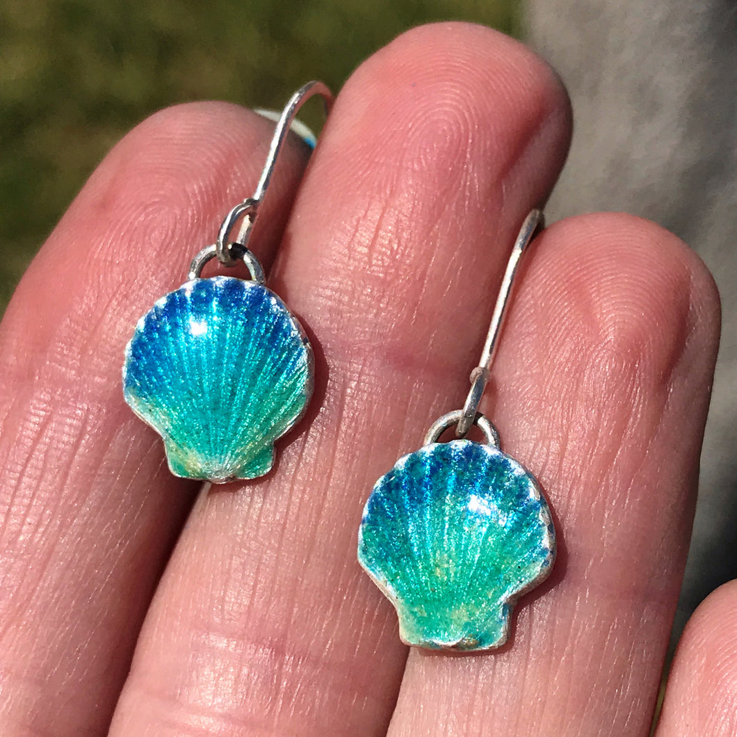 Moonrise Enamel (Blue Green) Fine Silver Shell Earrings - Seaside Harmony Jewelry